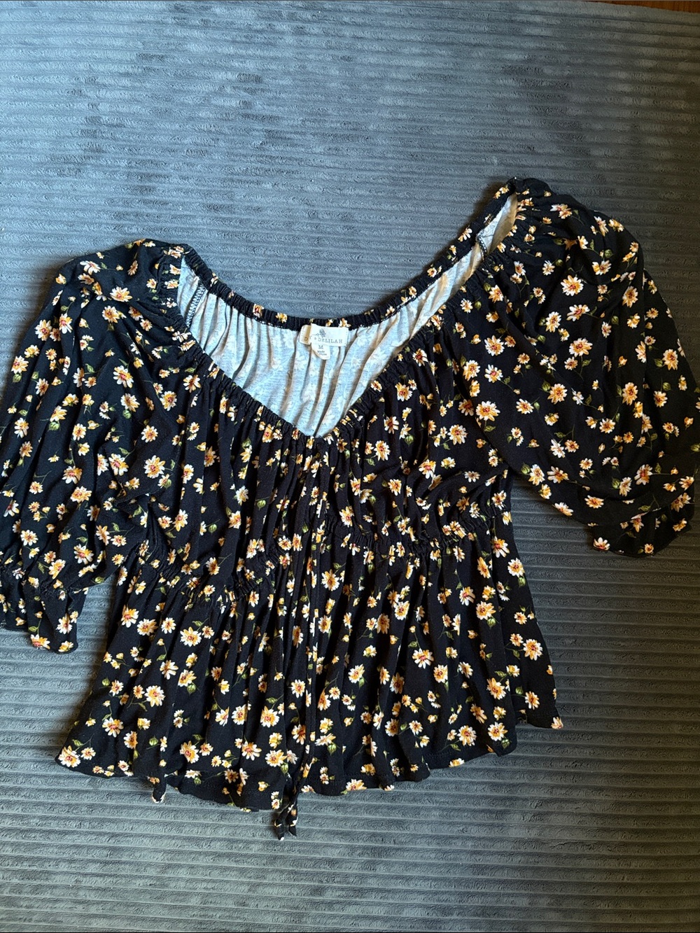 Black Floral Peasant Blouse with Puff Sleeves